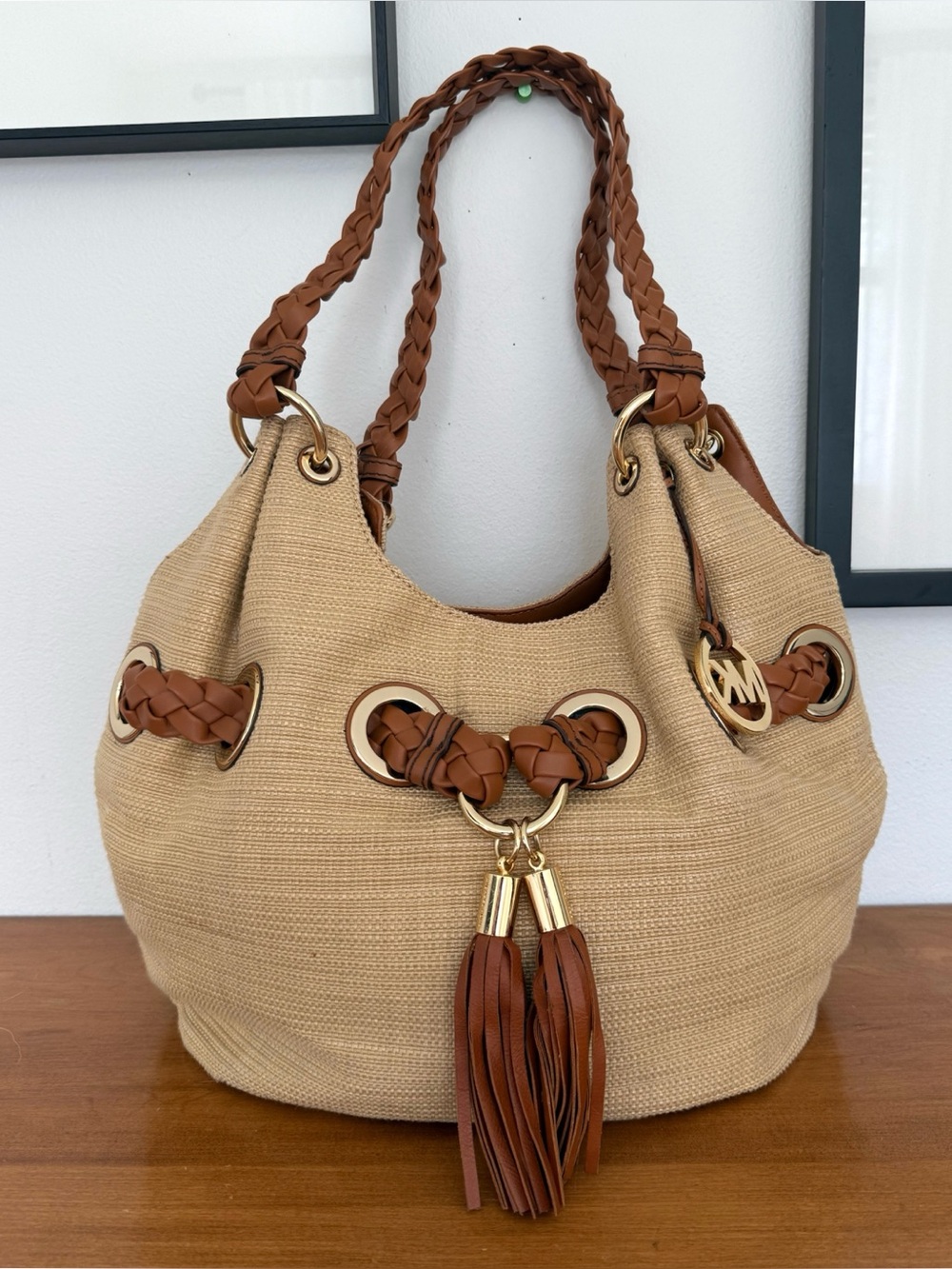 Michael Kors Large Braided Raffia Shoulder Bag in Natural/Tan - Picture 2 of 9